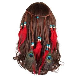 Indian Feather Stirnband Boho Quaste Hippie Pfau Feder Quasten Kopfschmuck Vintage Festival Karneval Party Headwear Flechten Haar Band Stirnband Haarschmuck für Damen Frauen Mädchen (Red, One Size) von MUMEOMU