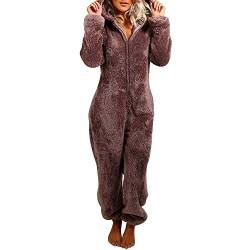 MUMUBREAL Damen Fleece-Einteiler Pyjama Jumpsuit Warm Sherpa Strampler Nachtwäsche Einteiler Reißverschluss Kapuze Playsuit Loungewear, 04-braun, S von MUMUBREAL
