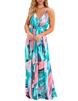 MUMZUGI Sommerkleid Damen Maxi Boho-Kleid Ärmelloses Strandkleid Damen Sommer Cocktailkleid Elegant Blumen, Blau XXL von MUMZUGI