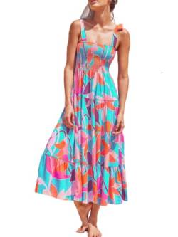 MUMZUGI Sommerkleid Damen Strandkleid Maxi Elegant Boho-Kleid Langes Ärmelloses Cocktailkleid Blumen, Orange XL von MUMZUGI