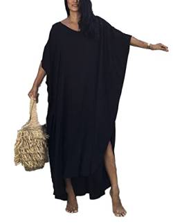 MUMZUGI Strandkleid Damen Maxi Sommerkleid Boho Lange Kaftan Bikini Cover Ups Lose Kleid Strandponcho, E-Schwarz von MUMZUGI