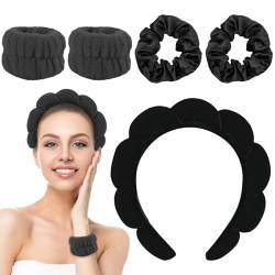 MUNSKT 5 Stück Spa Gesicht Stirnband Handgelenk, Handgelenk Waschbänder Set,Haarband Kosmetik, Haarband Schminken für Frauen Mädchen Haarband(schwarz) von MUNSKT