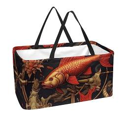 Wiederverwendbare Einkaufstaschen, Aufbewahrungskorb, Blumenanker mit Karpfenfisch, zusammenklappbar, mit langem Griff von MUOOUM