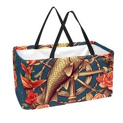 Wiederverwendbare Einkaufstaschen, Aufbewahrungskorb, Blumenanker mit Karpfenfisch, zusammenklappbar, mit langem Griff von MUOOUM