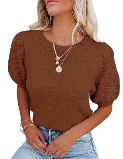 Damen Kurzarm-Pullover Rundhalsausschnitt Strickpullover Tops 2023 Herbst Casual Leichte Häkeln Bluse Shirt, Dunkelbraun, Mittel von MURMUREY