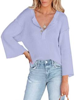 Damen Oversized V Ausschnitt Pullover 3/4 Ärmel Knopf Henley Tops Frühling Pullover Pullover Strickpullover, Blau, Groß von MURMUREY