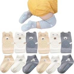 MUSLONG Baby Krabbeln 3 Paar Baby Knieschoner und 3 Paar Baby Socken,Anti Rutsch Krabbelhilfe mit Gummipunkte Krabbelschoner Stulpen Knieschützer für Kleinkinder 0-24 Monate (0-6 Monate) von MUSLONG