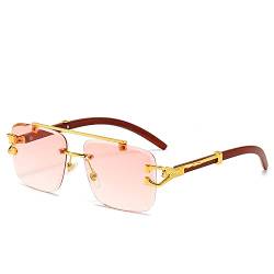 Randlose quadratische Retro-Sonnenbrille für Männer und Frauen, UV400-Schutz, goldfarbener Metall-Holzrahmen, rahmenlose Gläser, Goldrosa, Einheitsgröße von MUTYNE