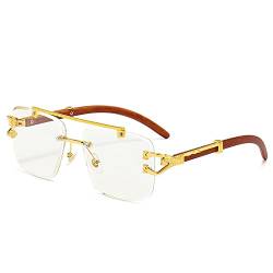 Randlose quadratische Retro-Sonnenbrille für Männer und Frauen, UV400-Schutz, goldfarbener Metall-Holzrahmen, rahmenlose Gläser, goldfarben, transparent, Einheitsgröße von MUTYNE