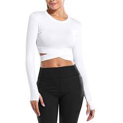 MUYOGRT Damen Crop Tops Sportshirt Langarm Bauchfrei Oberteile Atmungsaktiv Schnell trocknend T-Shirts Rundhals Cross Wrap Sexy Top Shirt Sports Yoga Training Gym T-Shirts von MUYOGRT