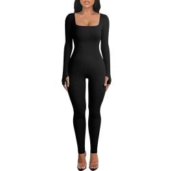 MUYOGRT Damen Sport Jumpsuit,Jumpsuit Damen Lang Sport Yoga Bodysuit Overall Stretch Jumpsuits Eng Quadratischer Hals Body Langarm Jumpsuit Einteiligem Workout Playsuits Sportkleidung von MUYOGRT