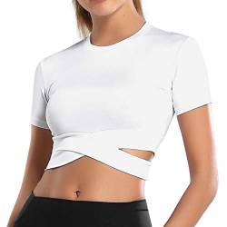 MUYOGRT T-Shirt Damen Sportshirt Kurzarm Crop Top Sexy Sport Oberteil Bauchfreie Sommer Laufshirt Funktionsshirt Atmungsaktiv Leicht Yoga Fitness Shirts Schnelle Trockene Sporttop(Weiß，L) von MUYOGRT