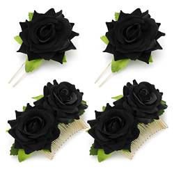 MWOOT 4 Stück Schwarz Blumen Haarschmuck, Damen Rose Haarclips Kopfschmuck, Künstlich Blumen Haarspangen für Frauen Halloween Kostüme Gothic Accessories von MWOOT