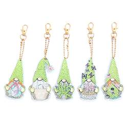 MWOOT 5 Stücke DIY 5D Zwerg Gnome Diamond Art Painting Keychain Full Set, Double Sided Dwarf Rhinestone Pasted Diamant Schlüsselbund, Malerei Schlüsselbund Stickerei Kunst Handwerk für Frauen(Grün) von MWOOT