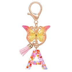 MWOOT Letter Keychains Initiale Buchstaben-Schlüsselanhänger,Alphabet Harz Key Chain mit Schmetterling Quaste Anhänger Handtasche Geldbörse Charm,Rosa Herz Pailletten Keyring für Frauen Mädchen(A) von MWOOT