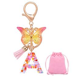 MWOOT Namen Buchstaben A Schmetterling Schlüsselanhänger als Damen Weihnachten Geschenk, A Letter Keychain,Rosa Herz Pailletten Keyring für Frauen Mädchen(A) von MWOOT