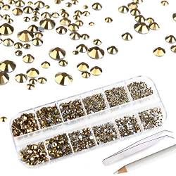 Mwoot 2000 Stück Steinchen, Glitzersteine in 6 Größe (2-5mm), Strassstein Set mit Pinzette und Picking Stift für Nageldesign Golden von MWOOT