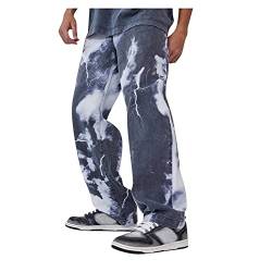MXDJ Herren Jeans Trendy Distressed Straight Denim Pants Hip Hop Hose Ausgefranste Denim Tie Dye Print Straight Jeans (Color : Dark Blue, Size : XX-Large) von MXDJ