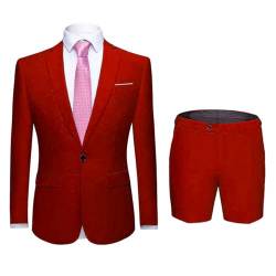 MY'S Herren 2-teiliges Slim Fit Anzug, Ein-Knopf-Blazer und kurze Hose Set mit Krawatte - Rot - S von MY'S