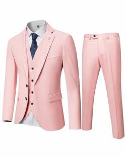 MY'S Herren 3 Stück Slim Fit Anzug Set 2 Knopf Blazer Jacke Weste Hose mit Krawatte Solid Hochzeitskleid Tux und Hose, Helles Pink, L von MY'S