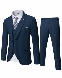 MY'S Herren 3 Stück Slim Fit Anzug Set 2 Knopf Blazer Jacke Weste Hose mit Krawatte Solide Hochzeitskleid Tux und Hose - Blau - XX-Large von MY'S