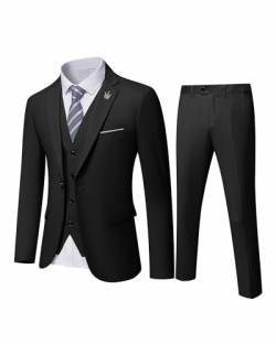MY'S Herren 3-teiliger Slim Fit Anzug, Ein-Knopf-Jacke, Blazer, Weste, Hose Set und Krawatte, Schwarz, XX-Large von MY'S
