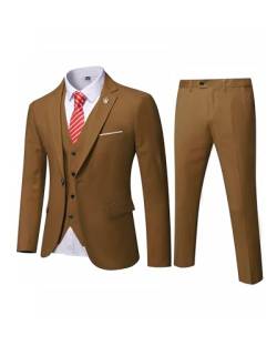 MY'S Herren 3-teiliges Slim-Fit-Anzug, Ein-Knopf-Jacke, Blazer, Weste, Hose, Set und Krawatte, Khaki, M von MY'S