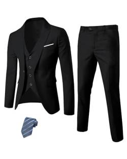 MY'S Herren 3-teiliges Slim-Fit-Anzug, Ein-Knopf-Jacke, Blazer, Weste, Hose, Set und Krawatte, Schwarz, L von MY'S