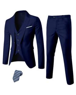 MY'S Herren 3-teiliges Slim-Fit-Anzug, Ein-Knopf-Jacke, Blazer, Weste, Hose, Set und Krawatte, Tiefes Blau, L von MY'S