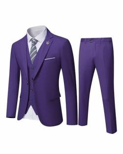 MY'S Herren 3-teiliges Slim-Fit-Anzug, Ein-Knopf-Jacke, Blazer, Weste, Hose, Set und Krawatte, deep purple, S von MY'S