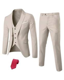 MY'S Herren 3-teiliges Slim Fit Anzug, Ein-Knopf-Jacke, Blazer, Weste, Hose und Krawatte - Beige - XL von MY'S