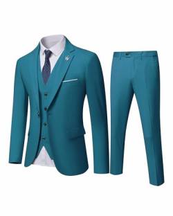 MY'S Herren 3-teiliges Slim Fit Anzug, Ein-Knopf-Jacke, Blazer, Weste, Hose und Krawatte - Blau - L von MY'S