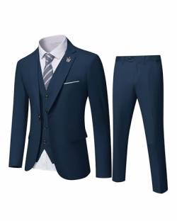 MY'S Herren 3-teiliges Slim Fit Anzug, Ein-Knopf-Jacke, Blazer, Weste, Hose und Krawatte - Blau - XS von MY'S