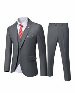 MY'S Herren 3-teiliges Slim Fit Anzug, Ein-Knopf-Jacke, Blazer, Weste, Hose und Krawatte - Grau - S von MY'S