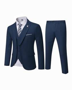 MY'S Herren 3-teiliges Slim Fit Anzug-Set, Ein-Knopf-Jacke, Weste, Hose mit Krawatte - Blau - L von MY'S