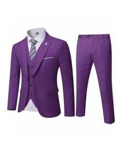 MY'S Men's 3 Piece Slim Fit Suit Set, One Button Solid Jacket Vest Pants with Tie Deep Purple von MY'S