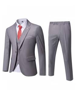 MY'S Men's 3 Piece Slim Fit Suit Set, One Button Solid Jacket Vest Pants with Tie Light Grey von MY'S
