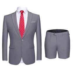 MYS Herren Zweiteiliger Slim Fit Anzug Ein-Knopf Blazer und Kurze Hose Set mit Krawatte, Hellgrau, L von MY'S