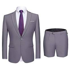 MYS Herren Zweiteiliger Slim Fit Anzug Ein-Knopf Blazer und Kurze Hose Set mit Krawatte, Hellgrau, M von MY'S