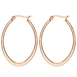 MYA art Damen Creolen Ovale Ringe hängend mit Stecker Edelstahl Rose Gold Rosegold Vergoldet Große Ohrringe Oval Groß Flach 6cm MYARGOHR-63 von MYA Art