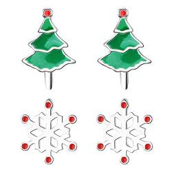 MYA art Damen Ohrstecker mit Weihnachtsbaum Christbaumkugel Schneeflocke Snowflake Ohrringe Klein Weihnachts Silber Weiß Grün Rot 2er Set von MYA Art