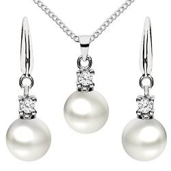 MYA art Damen Schmuckset 925 Silber Zirkonia mit Perlen Anhänger Halskette Perlenohrringe Perlenkette Kette Ohrringe Hängend Set MYASIKET-79 von MYA Art