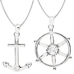 MYA art Kette Halskette Set 925 Sterling Silber mit Anker und Steuerrad Maritim Anhänger Freundschaftsketten Partnerketten für 2 MYASIKET-101 von MYA Art