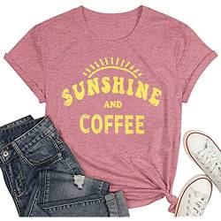 T-Shirts für Damen, Sonnenschein und Kaffee, Rundhalsausschnitt, lockere Bluse, Tops, Mädchen, kurzärmelig, grafisch, lässige T-Shirts, Rosenrot, Klein von MYCDXE