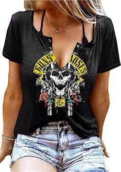 Guns N' Roses Totenkopf-Shirt für Frauen, Vintage-Skelett-Grafik, Rockmusik-T-Shirt, kurzärmelig, V-Ausschnitt, T-Shirt, Tops, schwarz, X-Groß von MYCHTE