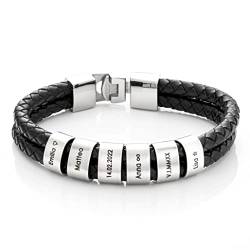 MYCLUSIV® Personalisiertes Lederarmband Herren mit Namen auf Silbernen Beads - Armband mit Gravur - Geschenk für Männer - Männerarmband - Geschenk Papa von MYCLUSIV