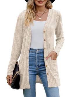 MYCOLORBLUE Alte Zeiten Strickjacken für Damen Elegant Cardigan Gerippt Langarm Knopfleiste mit Taschen Strickcardigan Beige M von MYCOLORBLUE