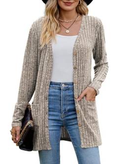 MYCOLORBLUE Alte Zeiten Strickjacken für Damen Elegant Cardigan Gerippt Langarm Knopfleiste mit Taschen Strickcardigan Khaki XL von MYCOLORBLUE