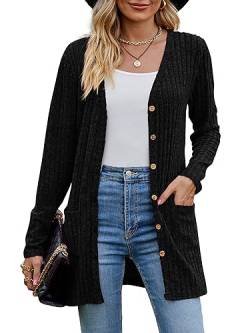 MYCOLORBLUE Alte Zeiten Strickjacken für Damen Elegant Cardigan Gerippt Langarm Knopfleiste mit Taschen Strickcardigan Schwarz XL von MYCOLORBLUE