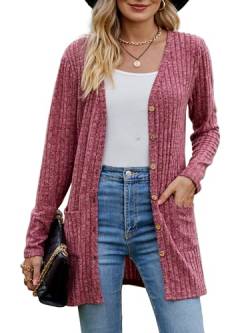 MYCOLORBLUE Alte Zeiten Strickjacken für Damen Elegant Cardigan Gerippt Langarm Knopfleiste mit Taschen Strickcardigan Wein XL von MYCOLORBLUE